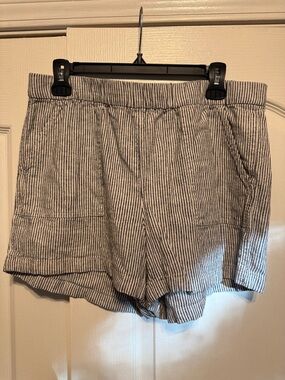 J. Crew Factory Black & White Striped High-Waist Linen-Blend Shorts